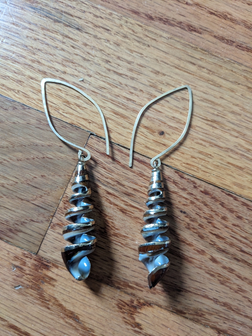 Gold Spiral Shell Drop Earrings - White Accents
